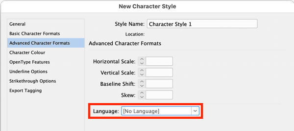 New Character Style for No Language in Adobe InDesign