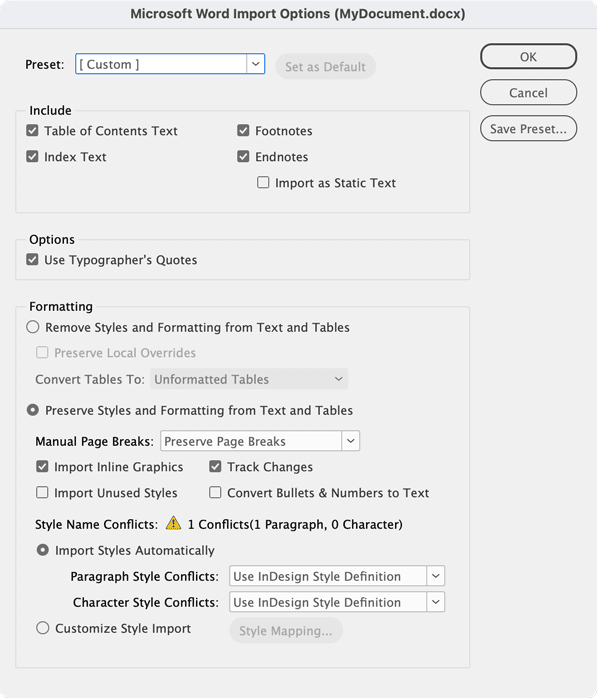 Figure 1: The Microsoft Word Import Options dialog box