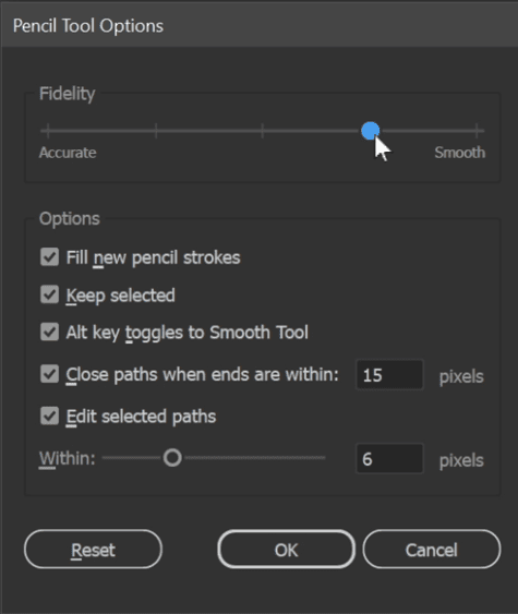Figure 3. Double-click the Pencil or Brush tool to access the Options panel. There you can experiment with the Fidelity slider to adjust the level of auto-smoothing on the paths you draw with that tool.