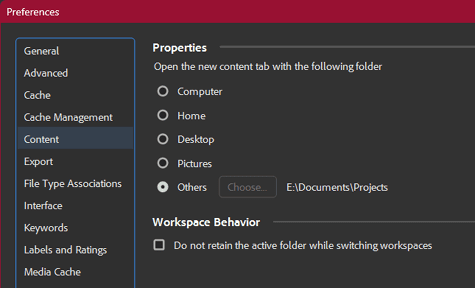 Figure 4. Choose Preferences > Content, then you can specify which folder will have focus when you open a new Content tab.