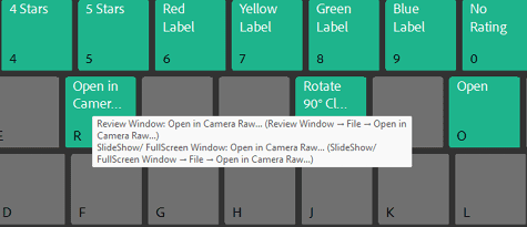 Figure 9. Hovering over any key with a color code (in this case, R with no modifier key) pops up a tooltip listing what it does in which contexts.