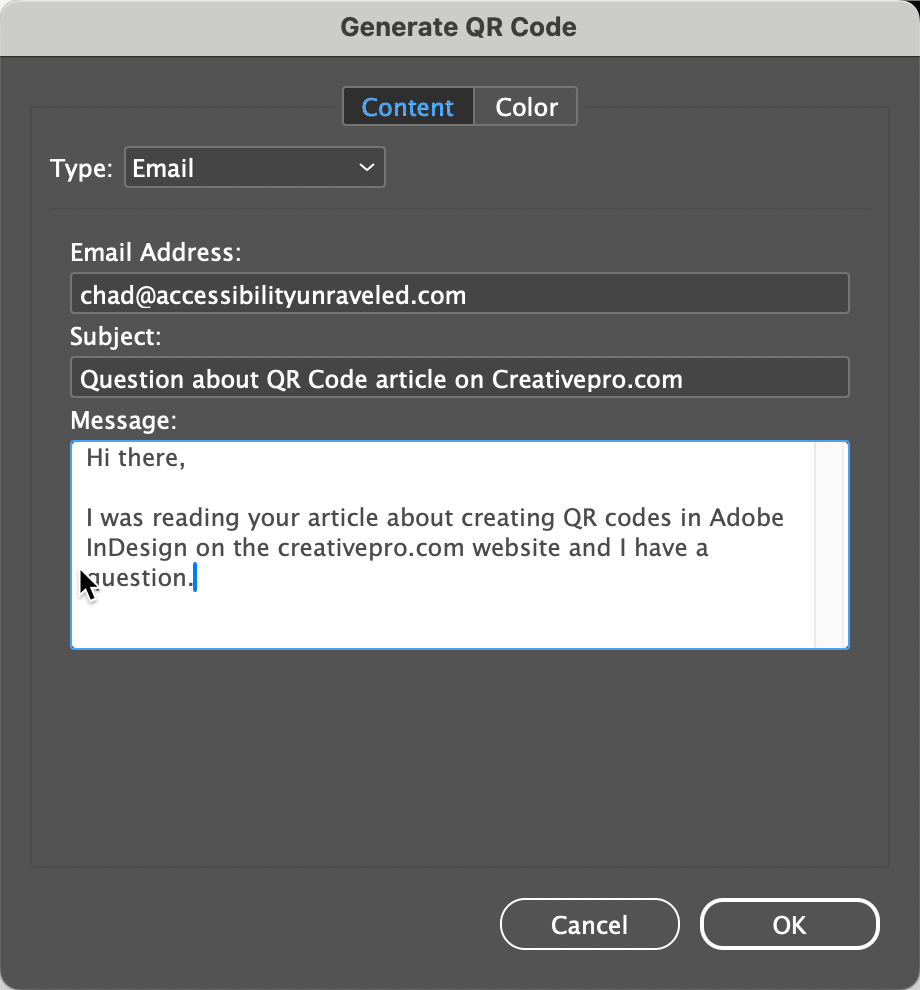 Figure 2. The Generate QR Code dialog box allows you to define the properties of the QR Code.