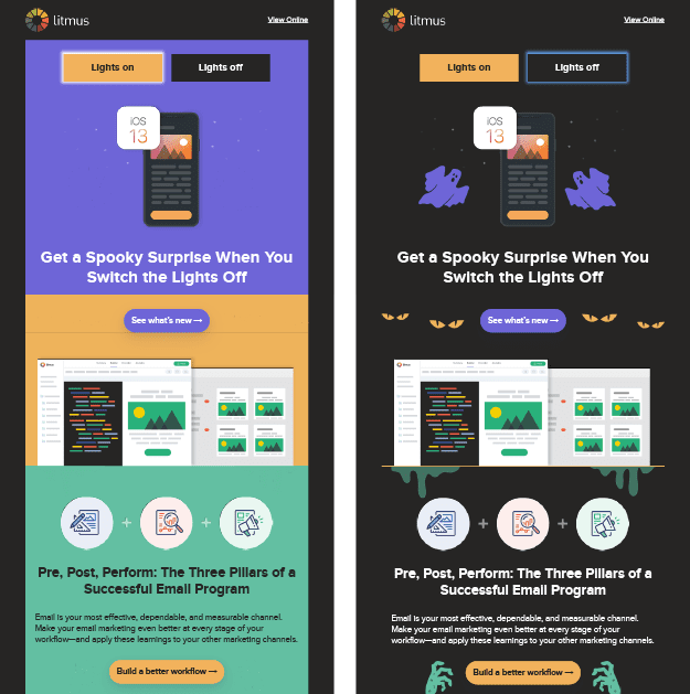 Figure 2. This Halloween-themed message provided Litmus the perfect backdrop to create a dark mode version that’s not just accessible but also fun! Users are encouraged to discover hidden surprises by turning the “lights” on and off.