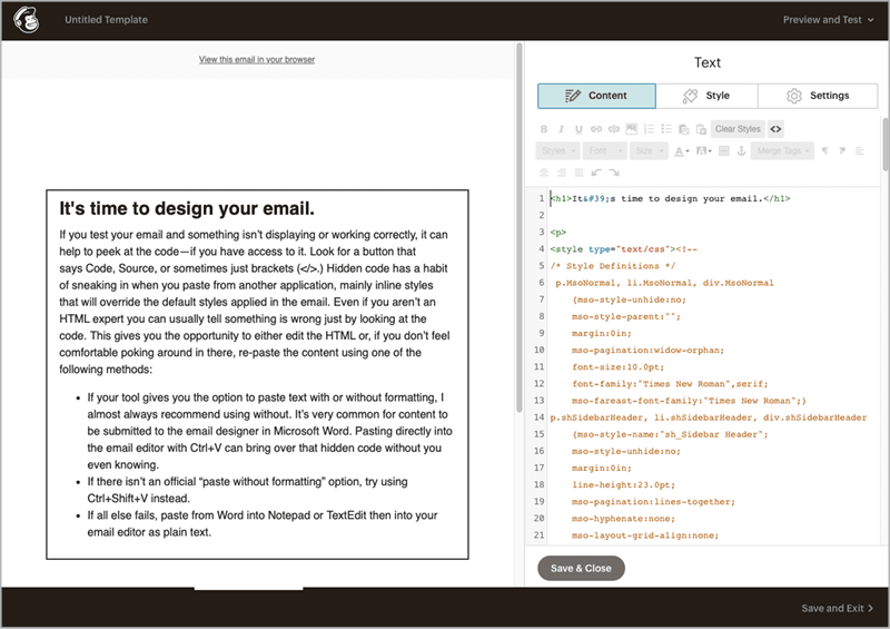 Figure 4. Only in the HTML panel can you see hidden formatting that often comes along when pasting content from other applications. In this example, dozens of lines of unecessary code were imported along with the text in the left panel. The orange HTML text can be safely deleted since the desired styles are already defined in Mailchimp.