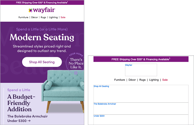 Figure 9. Turn off your images to see how well your email communicates without them. In this example, Wayfair opted to keep alt text brief and to-the-point, including only the category names and prices. The structure and desired actions are still clear even without the images.