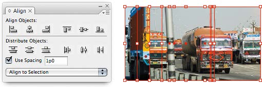 Figure 8: The Use Spacing option for Distribute Objects lets you specify a precise distance between the same edge of all selected objects, which does not account for object widths. Small values result in overlaps.