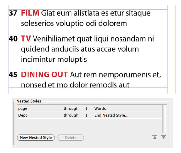 Figure 4: Because some of the departments are one word, others two, an invisible End Nested Style Here character (Type > Insert Special Character > Other) is inserted after the department name to disable the Dept character style.