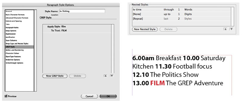 Figure 6: For this TV listing, a nested style sets up an underlying pattern between times and text. Then a simple GREP style is used to call out "Film" in color. The GREP style is necessary because the position of "Film" will vary from paragraph to paragraph.