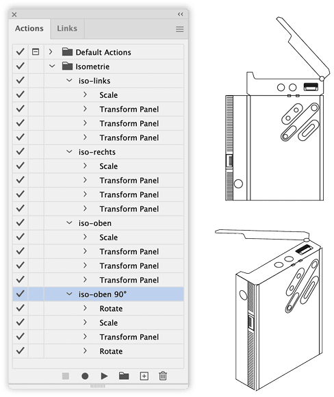 Figure 18. Turning flat drawings into isometric view by using actions