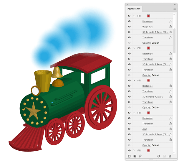 Figure 29. One anchor point with several fills and strokes that have 30 3D (Classic) effects applied. You can watch the process in a video.