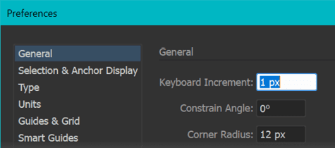 Figure 2. Ctrl/Command+K opens Illustrator’s Preferences panel and highlights the keyboard increment field.