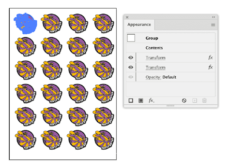 Figure 4. The Appearance panel lists the two transform effects that have been applied to the group. You can edit the transform to nondestructively adjust the position of the copies of the artwork in your document.