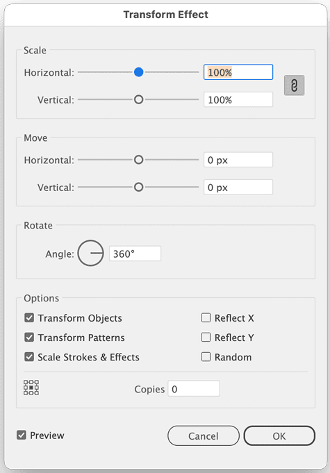 Figure 8. This Transform effect applies only rotations. When effects are used in a blend, then Illustrator blends the effects settings.