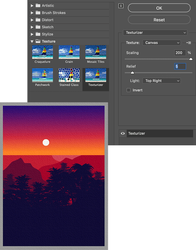 Figure 8. It’s easy to apply an effect that makes flat vector art look like it’s on a background material such as canvas.