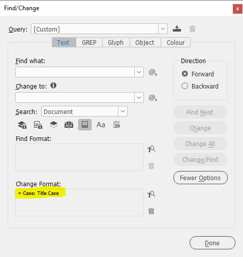 Screenshot of Find/Change dialog box with yellow highlighting under Change Format to "+Case: Title Case."