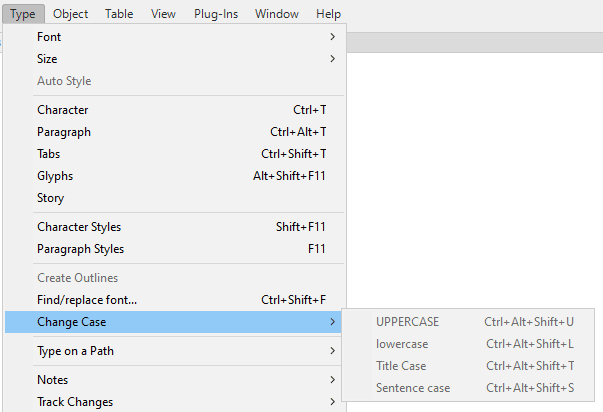 Screenshot of InDesign Change Case menu from menubar.