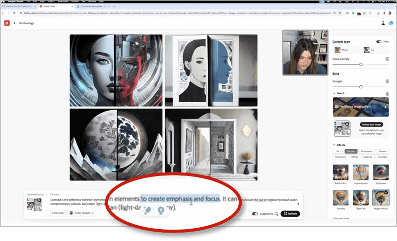 Figure 4. In this image, Poirier decided to remove the word focus, guessing that the word may have been causing the AI to generate pictures that centered eyes and faces.