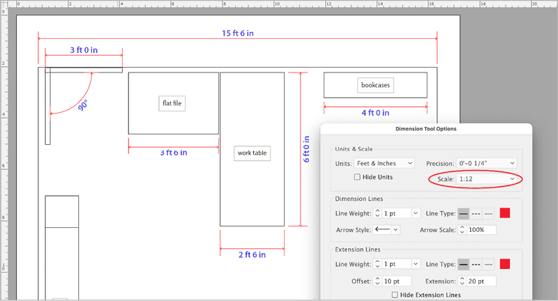 Figure 8. You can easily label the correct dimensions on a studio floor plan drawn to scale.