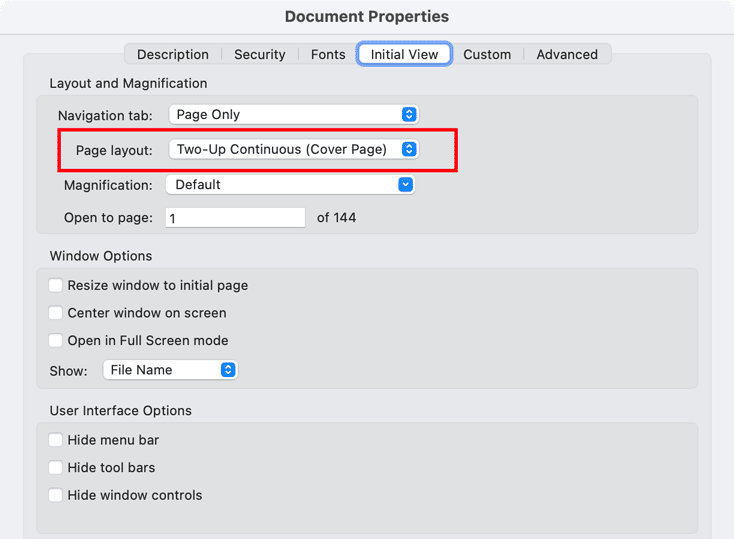 Adobe Acrobat Document Properties Initial View for scrolling through facing pages PDFs