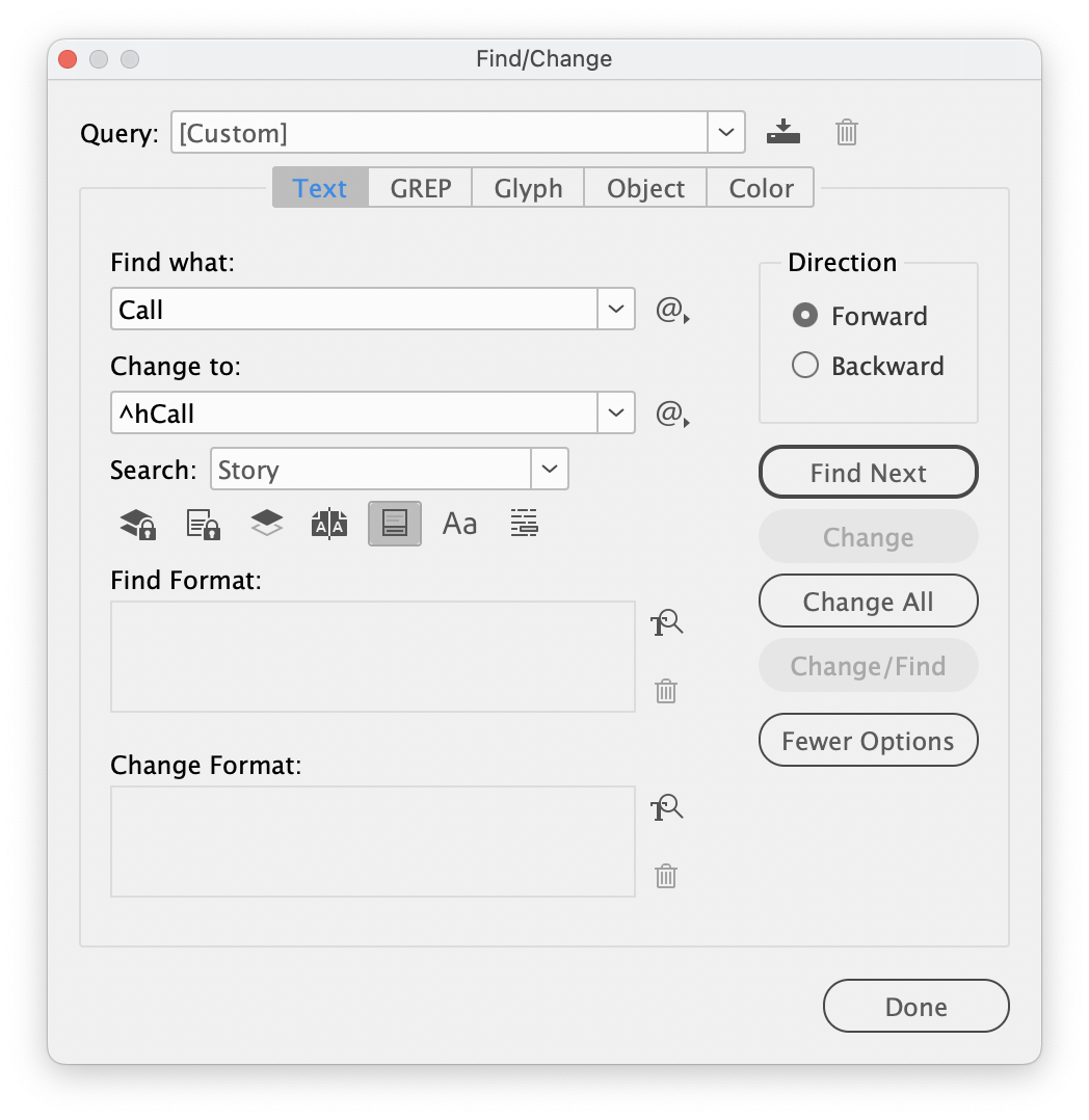InDesign Find/Change dialog box shows a search in progress