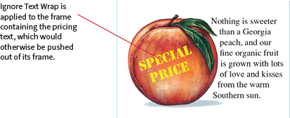 Image of color drawing of a peach with descriptive text wrapped around the contour of the fruit. The words "SPECIAL PRICE" are superimposed on the peach. Callout text points to the "special price" text and reads "Ignore Text Wrap is applied to the frame containing the pricing text, which would otherwise be pushed out of its frame."