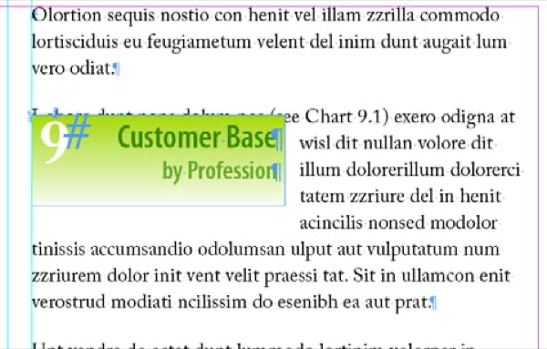 Section heading inserted into main flow of text and superimposed over the first line of type. Second and third lines wrap below.