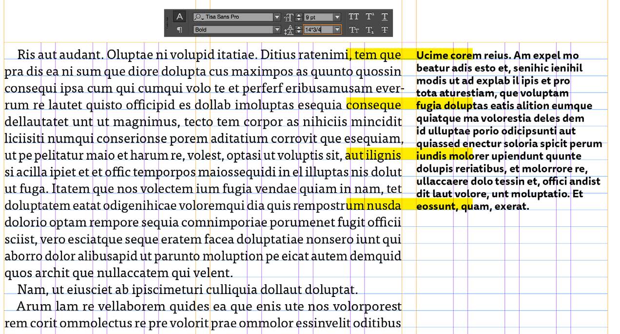 A closeup of a book page with main serif text and bold sans-serif marginalia. Yellow highlights show every fifth line of the caption text aligning to the same baseline of every fourth line of the main text flow. At the top is a closeup of a portion of the Control panel showing the type specced as Tisa Sans Pro bold, 9 pt., with a calculation in the leading field: 14*3/4.