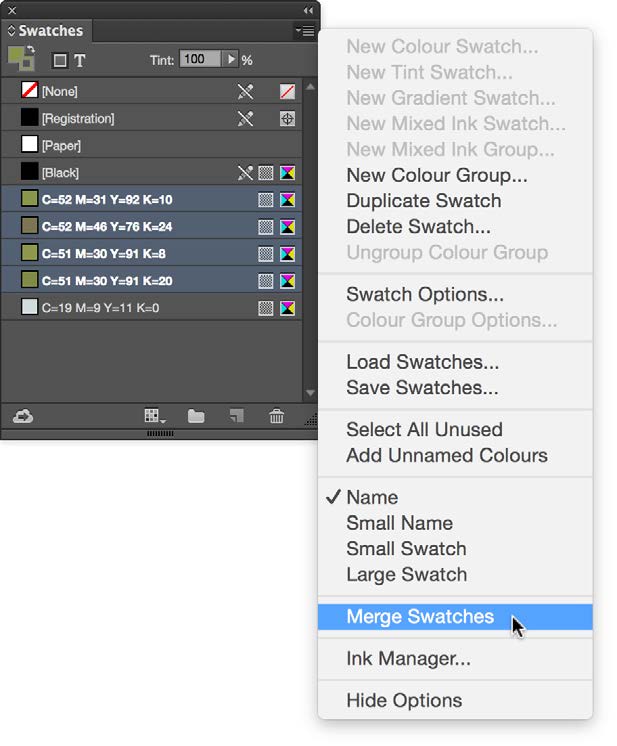 Swatches panel menu shows sorted by name checked and multiple swatches in the panel selected. Merge Swatches panel menu command is selected.