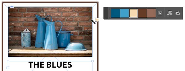 Photo from previous two figures, used in a design with a bordered frame. (Text frame with text "the blues" below the image is selected.) Eyedropper tool facing from left to right and with small square of beige swatch, also highlighted in color theme floating panel, is hovering over a brick-red border.