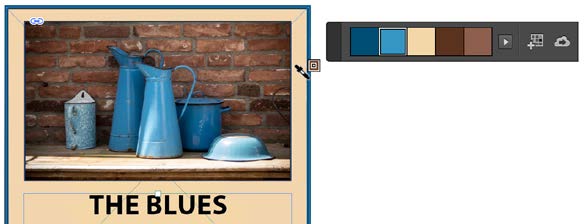 Design as in figure 22. Background of graphic frame is the beige color defined as swatch in the floating color theme panel. Eyedropper tool has an adjacent outlined square icon and is hovering over the border, now the same light blue highlighted in the color theme panel.