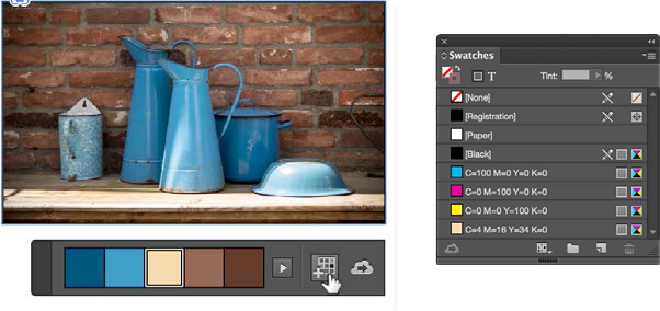 Same photo as in last few figures. Floating Color Theme Tool panel shows one of five colors selected. Hand icon with index finger points to an icon that looks like a grid of squares with the plus sign. Swatches panel at right of image shows only the one swatch selected in the Color Theme Tool panel added to the Swatches list.