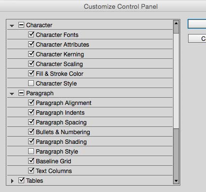 Customize Control Panel panel shows all options selected for Character and Paragraph, except for Character Style and Paragraph Style, respectively.