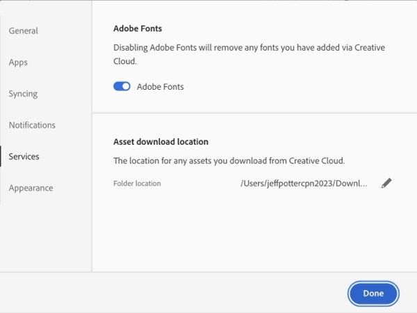 Services section of Creative Cloud desktop app shows Adobe Fonts active.