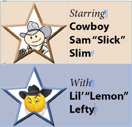 Two-celled table with top cell. Both cells show a figure in star-shaped graphics frame. Background tint on top is beige and on bottom is purple.