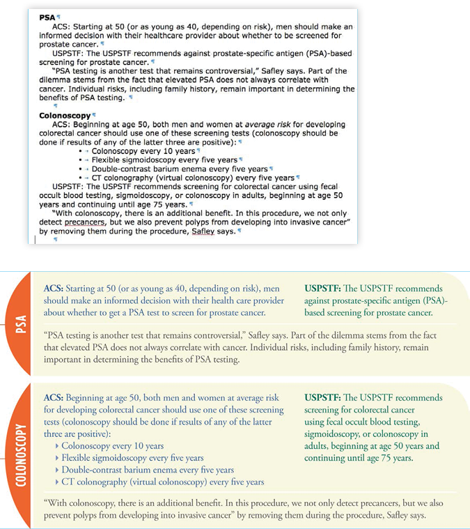 Manuscript table in Word next to designed table in InDesign.