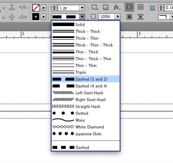 Selected line with stroke styles selected in Control panel, showing Dashed Line (3 and 2) highlighted in menu