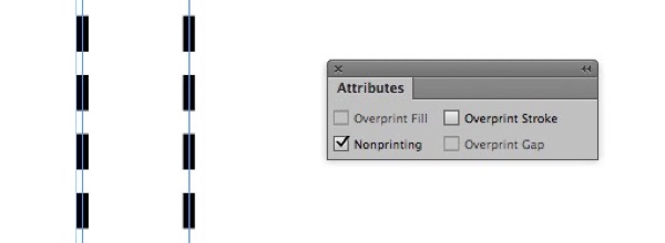 Screenshot of two dashed vertical rules define spine of book cover next to Attributes panel with Nonprinting selected