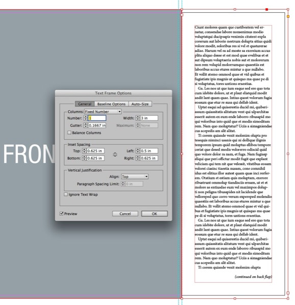 Active text frame with dummy text for front cover flap, plus Text Frame Options dialog box, General tab. Settings shown: 1 column of 3 in. width; inset spacing, top, bottom, and right, 0.625 in; left, 0.5 in. The text frame snaps to the bleed, giving the area for the text margins of 0.5in on all four dimensions.