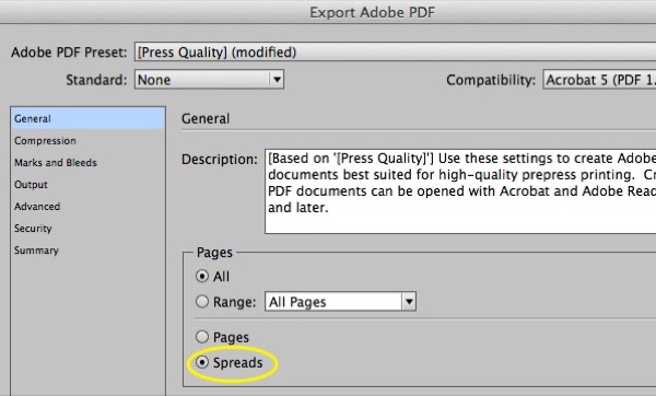 Export Adobe PDF dialog box shown with settings Press Quality (modified). General section shows setting for Spreads. Image highlights fact that Spreads is turned on.