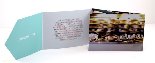 A color four-fold barrel fold brochure shown opened to inside. Left=most panel is trimmed into an arrow, colored bright cyan and reading "come on over."