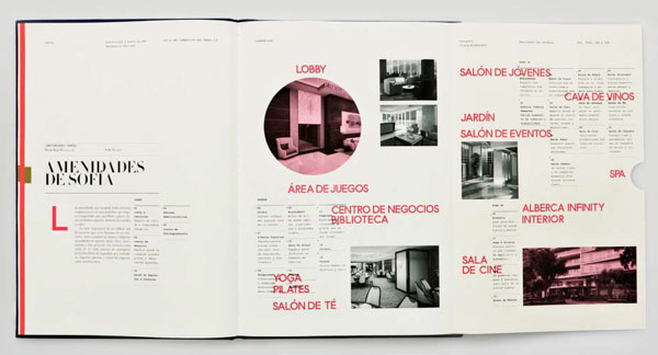 Gatefold in hardcover book shows building with text description on verso headlined "Amenidades de Sofia." Text set in Bodoni or similar. Gatefold shows duotone photos with text LOBBY, AREA DE JUEGOS, CENTRO DE NEGOCIOS BIBLIOTECA, YOGA, PILATES, SALON DE TE, SALON DE JOVENES, CAVA DE VINOS, JARDIN, SALON DE ENVENTOS, SPA, ALBERCA INFINITY INTERIOR, and SALA DE CINE.