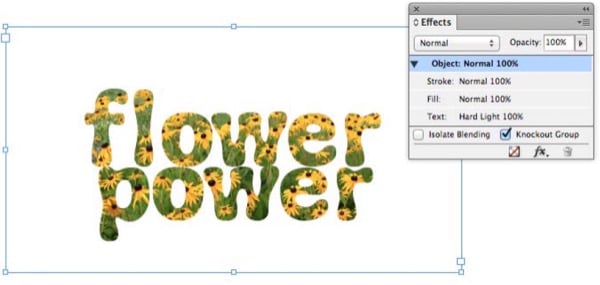 The words "flower power" stacked on two lines, with the black-eyed Susans photo from figure 1 filling the glyphs. The Effects panel shows the Text setting set to Hard Light 100%, with the Knockout Group checkbox at the bottom right of the panel checked on.