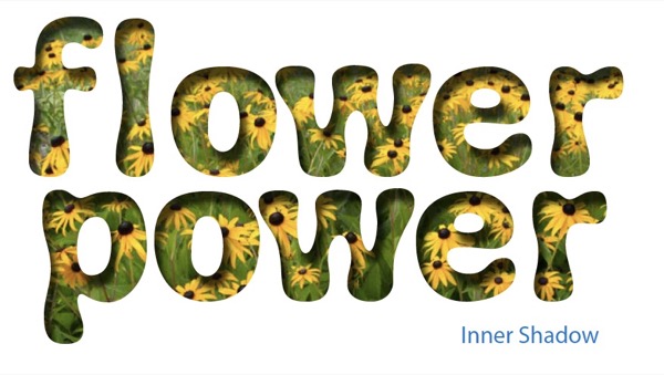 The words "flower power" stacked on two lines, with the black-eyed Susans photo from figure 1 filling the glyphs. The Inner Shadow filter has been applied to it.