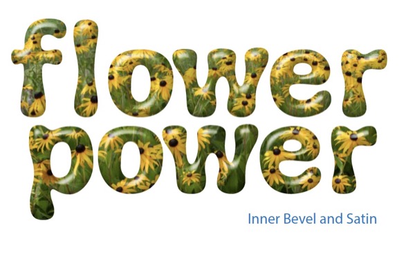 The words "flower power" stacked on two lines, with the black-eyed Susans photo from figure 1 filling the glyphs. The Inner Bevel and Satin filters have been applied to it.