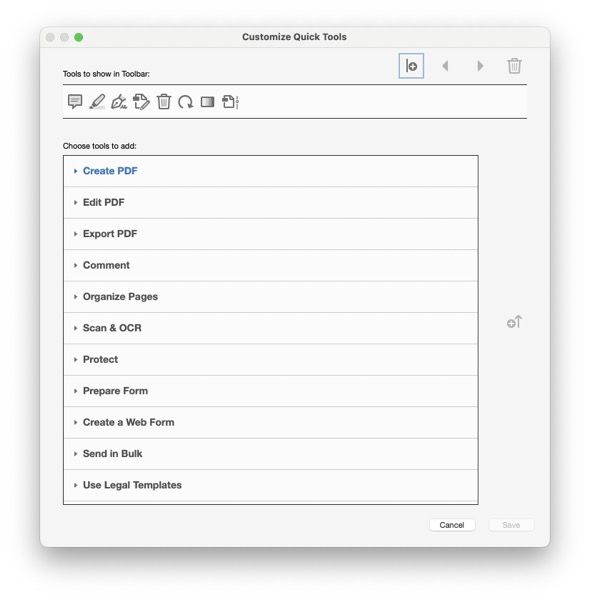Customize Quick Tools panel shows Tools to show in toolbar and series of icons for currently enabled tools. Choose tools to add shows menu items with closed disclosure triangles for Create PDF, Edit PDF, Export PDF, Comment, Organize Pages, Scane & OCR, Protect, Prepare Form, Create a Web Form, Send in Bulk, and Use Legal Templates. Cancel and save buttons available; save is grayed out here.