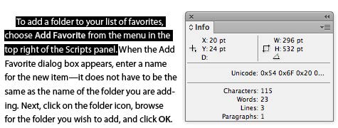 Screenshot of selected dummy text with Info panel showing text counts. Characters: 115, Words: 23, Lines: 3, Paragraphs: 1.