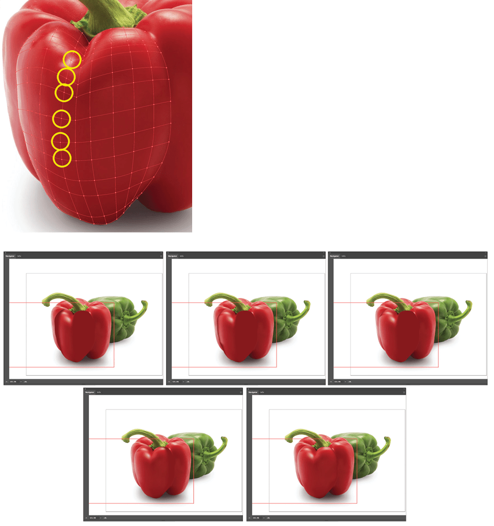 Top image: highlight of the red pepper shows intersecting horizontal and vertical mesh lines. Where six of these lines intersect are points that are highlighted with yellow circles. Below are five copies of the full image that show the solid red color of the gradient mesh gradually assuming the light and shadows of the original photo.