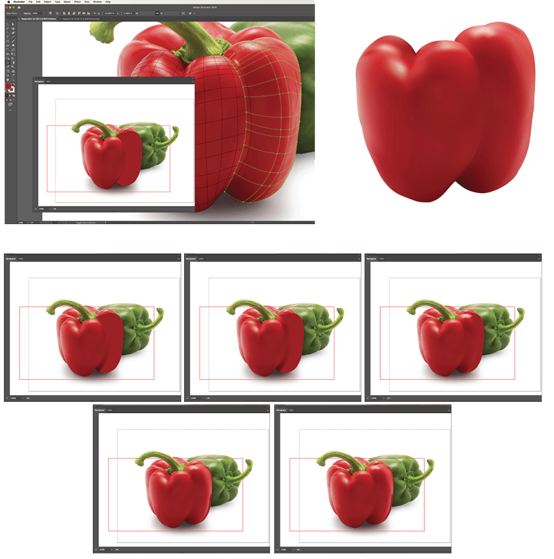 Top left: screenshot of pepper with a mesh for each region defined earlier. Top right: isolated mesh for second region. Below, five screenshots show progress in shaping and coloring the gradient mesh for the second region.