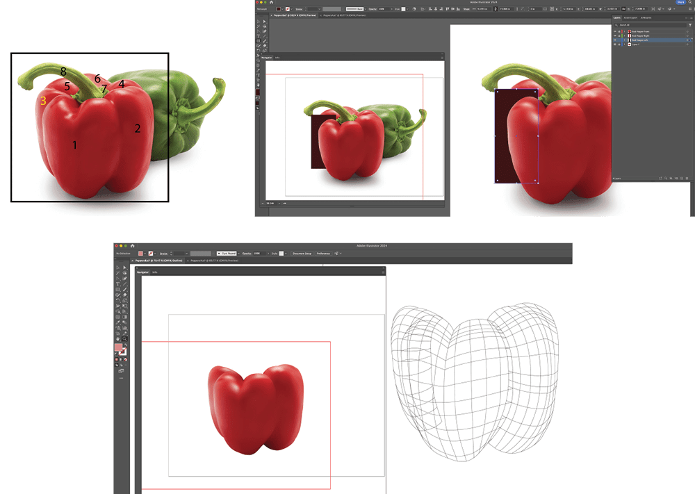 Top left: The red pepper with the eight regions numbered. Right: Screenshot shows black rectangle object layered behind gradient mesh to show the mesh in the context of the photo. Bottom: screenshot of regions 1 and 2 positiioned exactly next to each other to show a continuum of color and light. Mesh is shown as outlines.