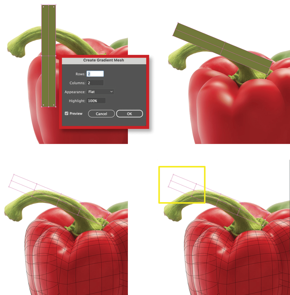 Four copies of a detail of the pepper photo showing the top of the red pepper and its stem. Top left shows a rectangle object with Create Gradient Mesh dialog box: Rows: 2 Columns: 2; Appearance: Flat; Highlight: 100%. Preview checked. Top right: mesh for strem is rotated so center of rectangle matches approximate center of the stem's mass. Bottom left: View of gradient mesh shows positoning. Bottom right: Yellow box highlights top of stem gradient mesh.